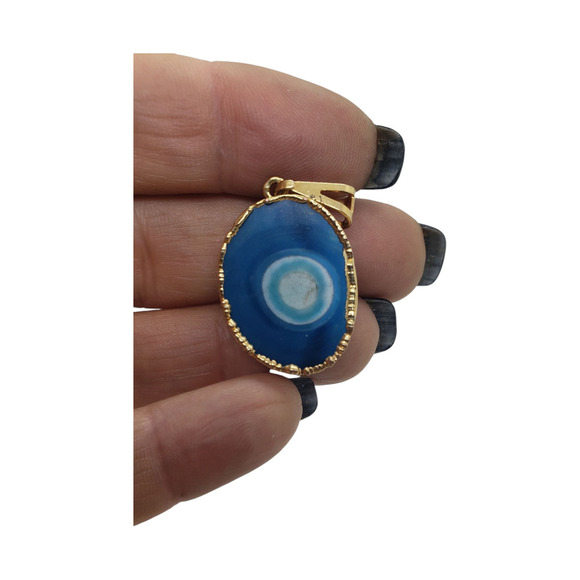 Blue Agate Druzy Slice Pendant Dipped in Real Gold Oval Natural Gemstone - Picture 7 of 9